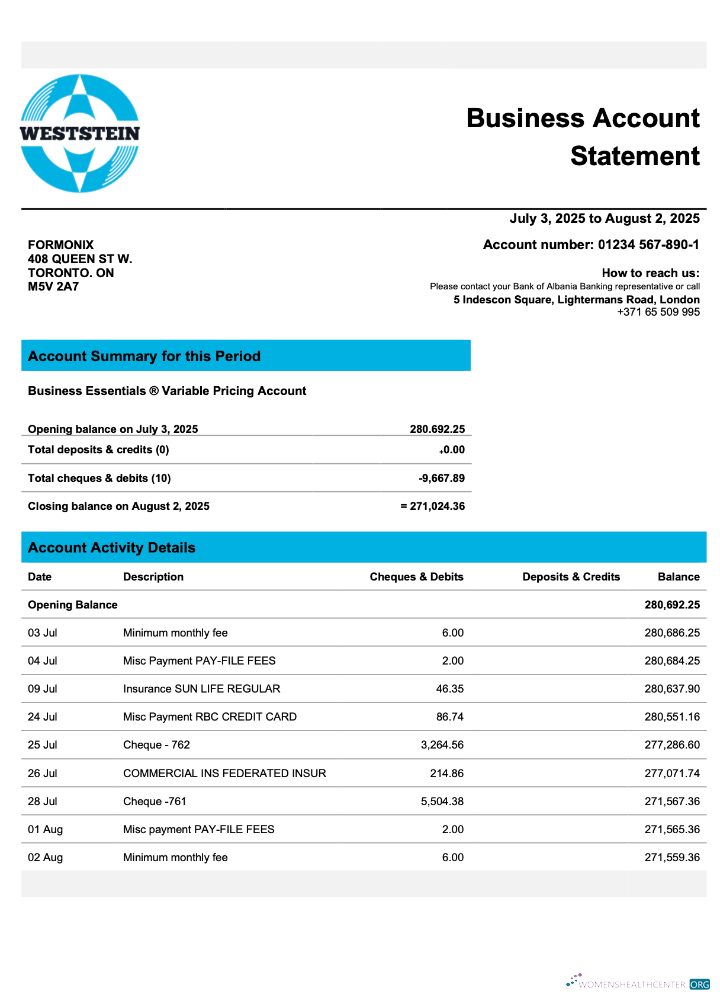 United Kingdom WestStein organization checking account statement Word and PDF template